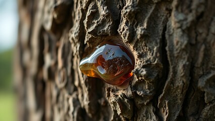 moderation. Close-up of tree bark with a wound sealed by amber resin, natural texture in daylight. wildlife magazines, conservation campaigns, designed for wildlife conservation campaigns.