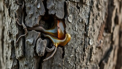moderation. Close-up of tree bark with a wound sealed by amber resin, natural texture in daylight. wildlife magazines, conservation campaigns, designed for wildlife conservation campaigns.