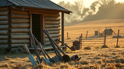 homestead. Farming tools placed before a wooden cabin with chimney smoke, homestead feeling. safety posters, maintenance manuals, designed for precision metalworking and fabrication facilities.