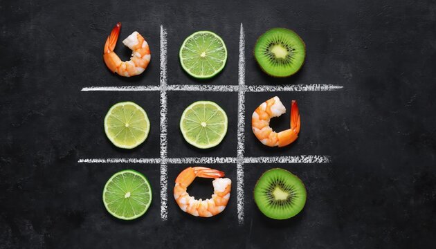 Tic-Tac-Toe: This image is a playful twist on the classic game, featuring shrimp, kiwi and lime in a game of Tic-Tac-Toe. A fun and innovative presentation.