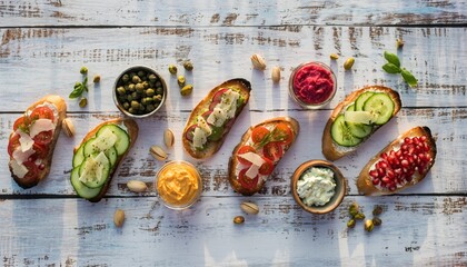 Artisan Bruschetta Display: A tantalizing array of gourmet bruschetta variations awaits, each a miniature masterpiece. Artfully arranged on a rustic wooden surface.