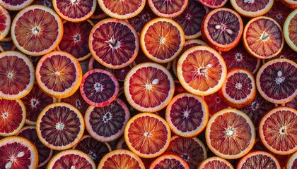 Blood Oranges: A vibrant arrangement of sliced blood oranges showcases their unique crimson flesh and juicy texture, evoking a sense of freshness and culinary delight.
