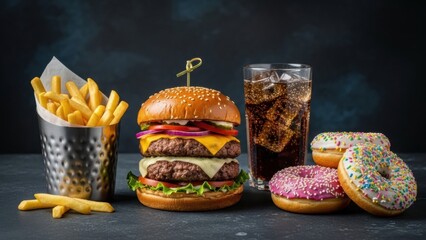 Delicious Unhealthy Fast Food Feast: Double Cheeseburger, Crispy French Fries, Cold Soda, and Sweet Glazed Donuts