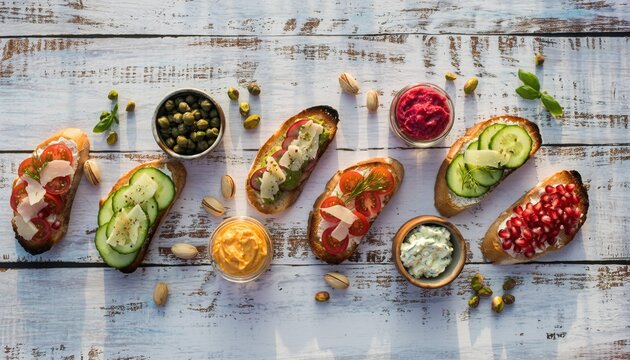Artisan Bruschetta Display: A tantalizing array of gourmet bruschetta variations awaits, each a miniature masterpiece. Artfully arranged on a rustic wooden surface.