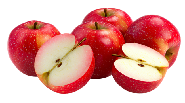 Freshly cut and whole red apples with visible seeds and flesh, perfect for healthy eating and food related concepts, providing a vibrant splash of color and natural goodness for various