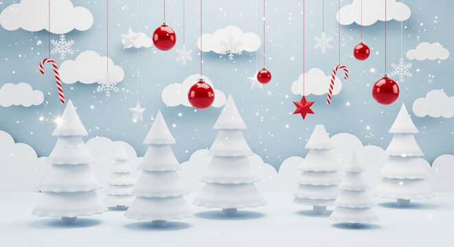 White Paper Cut Christmas Trees with Red Ornaments Candy Canes and Hanging Baubles Winter Scene - Powered by Adobe