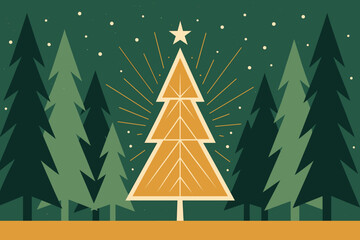 Retro Festive Forest. Holiday magic forest minimalist flat illustration of angular pine trees framing a
