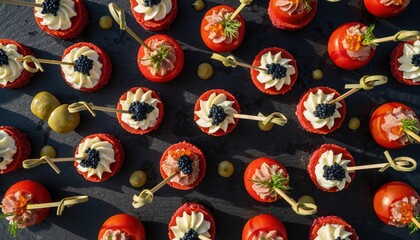 Exquisite Tomato Appetizers: A visually stunning array of fresh tomato appetizers, elegantly garnished with a variety of delectable toppings, presenting a culinary masterpiece.