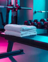 Stacked White Towels on Gym Bench with Neon Lighting, Fitness Equipment in Background