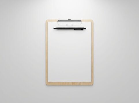 Clipboard with blank paper and pen on white background