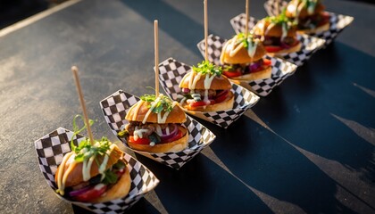 Gourmet Sliders: A tempting row of gourmet sliders, each meticulously crafted with fresh ingredients, arranged on checkered paper, enticing the viewer with its delicious simplicity.