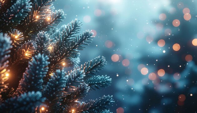 Close-up of a snow-covered Christmas tree with bokeh lights against a deep turquoise background.