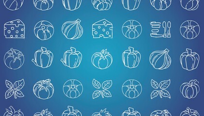 Culinary Delights: An array of appetizing line art illustrations of fresh produce, cheese, herbs and cutlery create a visually appealing and organized culinary scene.