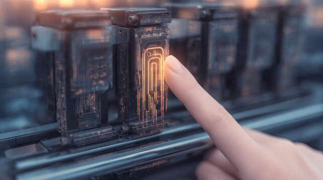 Human finger interacting with glowing futuristic circuit board