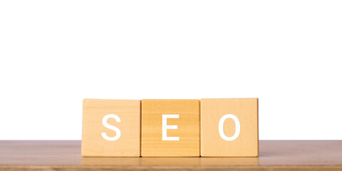 Wooden blocks with SEO letters for search engine optimization concept, isolated on transparent background