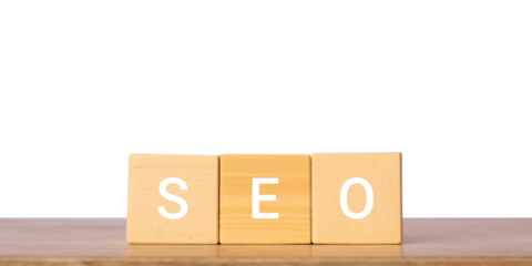 Wooden blocks with SEO letters for search engine optimization concept, isolated on transparent background