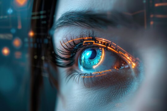 Woman eye with futuristic digital technology hud scanning the environment