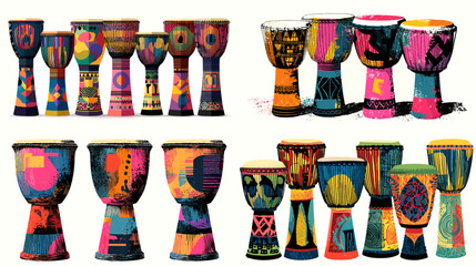 A collection of colorful tribal hand drums with bold geometric patterns and artistic cultural motifs, presented in a vibrant decorative style suitable for design and craft themes.