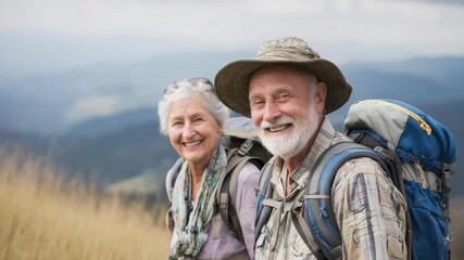 Two elderly hikers with backpacks posing on a mountain trail, smiling at the camera.