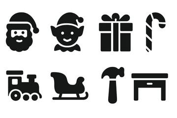 Santa's Workshop Icons. Santa&rsquo;s workshop icons. Filled icon set of Santa&rsquo;s workshop icons: Santa, elf, gift