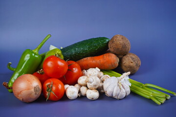 Various vegetables are laid out on the table: celery, carrot, cucumber, tomato, potato, mushrooms, onion, garlic, pepper.