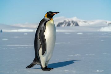 Fototapeta premium Emperor penguin in bright sunlight on icy terrain antarctica