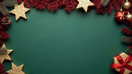 Christmas decoration frame with golden stars, red berries, pine branches, ornaments, and a gift box on green background