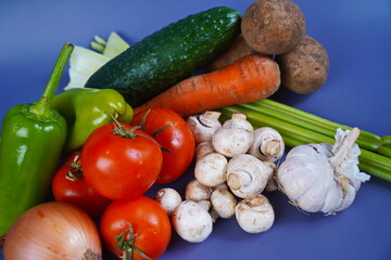 Various vegetables are laid out on the table: celery, carrot, cucumber, tomato, potato, mushrooms, onion, garlic, pepper.