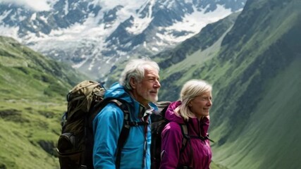 An elderly couple hiking in a green mountain valley with snow-capped peaks in the background. - Powered by Adobe