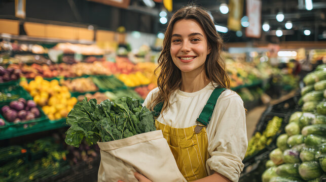A cheerful woman holds a bag of fresh vegetables in a vibrant market full of colorful produce. - Powered by Adobe