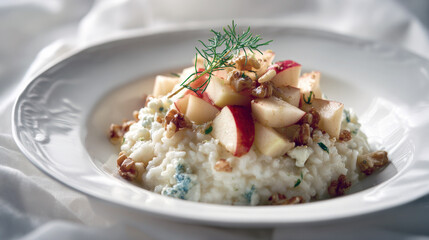 savory-sweet Italian risotto dish made with creamy white rice, Gorgonzola cheese, topped with diced red apple, chopped walnuts, and a fresh herb garnish, on a bright white tablecloth.