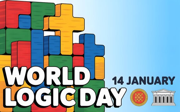 World logic day celebration with colorful building blocks and ancient greek architecture
