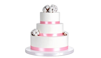 Elegant Three-Tiered White Cake with Pink Ribbons and Flowers.