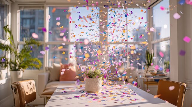 Casual Office Celebration with Confetti and Natural Light. High quality