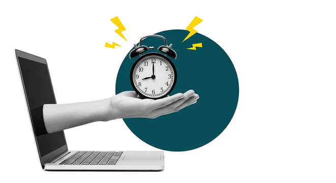 Managing Time Online Hand Emerging from Laptop Holding Alarm Clock Deadline Reminder Digital Work Technology Concept