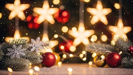 Christmas decorations with glowing stars, red ornaments, pine branches, and fairy lights on a festive background
