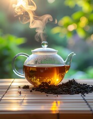 Steaming Tea in Glass Teapot with Loose Leaf on Bamboo Mat