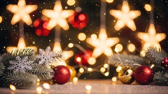 Christmas decorations with glowing stars, red ornaments, pine branches, and fairy lights on a festive background