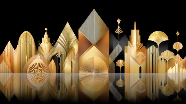 An Art Deco style cityscape with gold and black geometric shapes, reflected in a mirrored surface against a black background. - Powered by Adobe