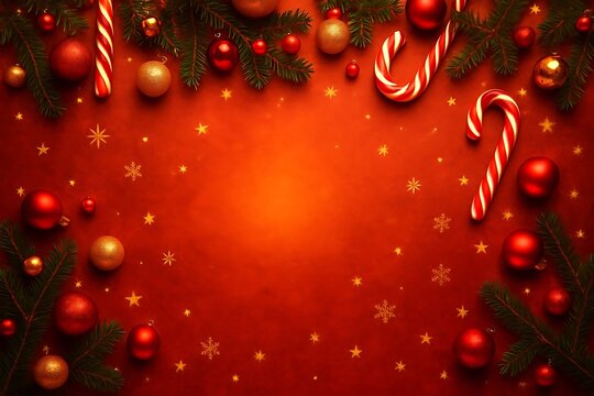 Festive Holiday Scene With Red Background And Decorative Ornaments