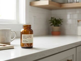 Amber glass bottle of daily vitamins on kitchen counter