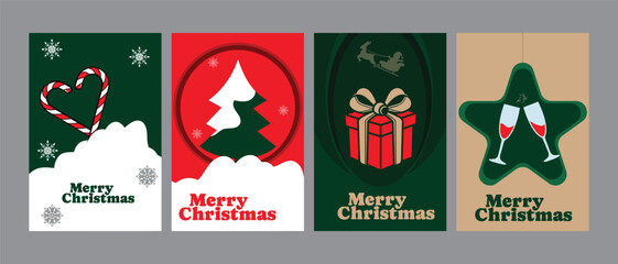 Christmas Greeting Card Vector Poster Set – Christmas Tree, Candy, Gift, and Festive Paper Cut Decorations
