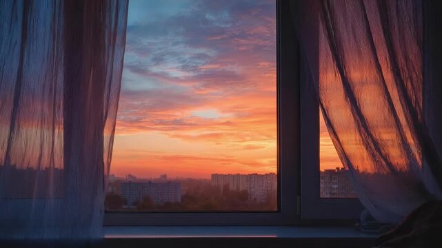 Sunset seen through a window with sheer curtains, city skyline in the distance.