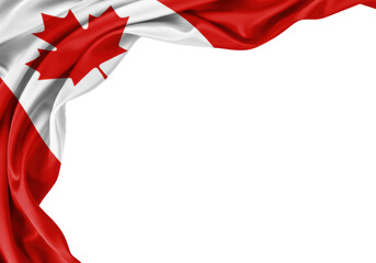 Vibrant waving canadian flag fabric, red and white with maple leaf, gently rippled, draped elegantly on top and left of a transparent copy space. Concept of national patriotism