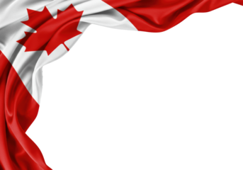 Vibrant waving canadian flag fabric, red and white with maple leaf, gently rippled, draped elegantly on top and left of a transparent copy space. Concept of national patriotism