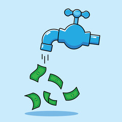 Flat cartoon illustration of money flowing out of a water tap on a blue background