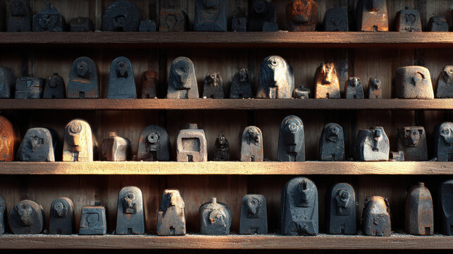 Vintage metal stamping dies on wooden shelf manufacturing decline in foundry workshop scene with warm light and nostalgic mood - Powered by Adobe