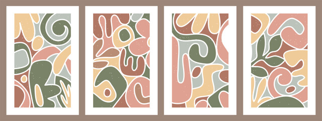 Collection of contemporary art posters in pastel colors. Abstract paper cut geometric elements and strokes, leaves and dots. Great deisgn for social media, postcards, print.