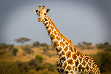 Obraz premium Giraffe with orange and white patterned coat in savanna