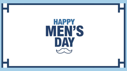 Happy mens day celebration graphic with stylized mustache and decorative border in blue and white tones